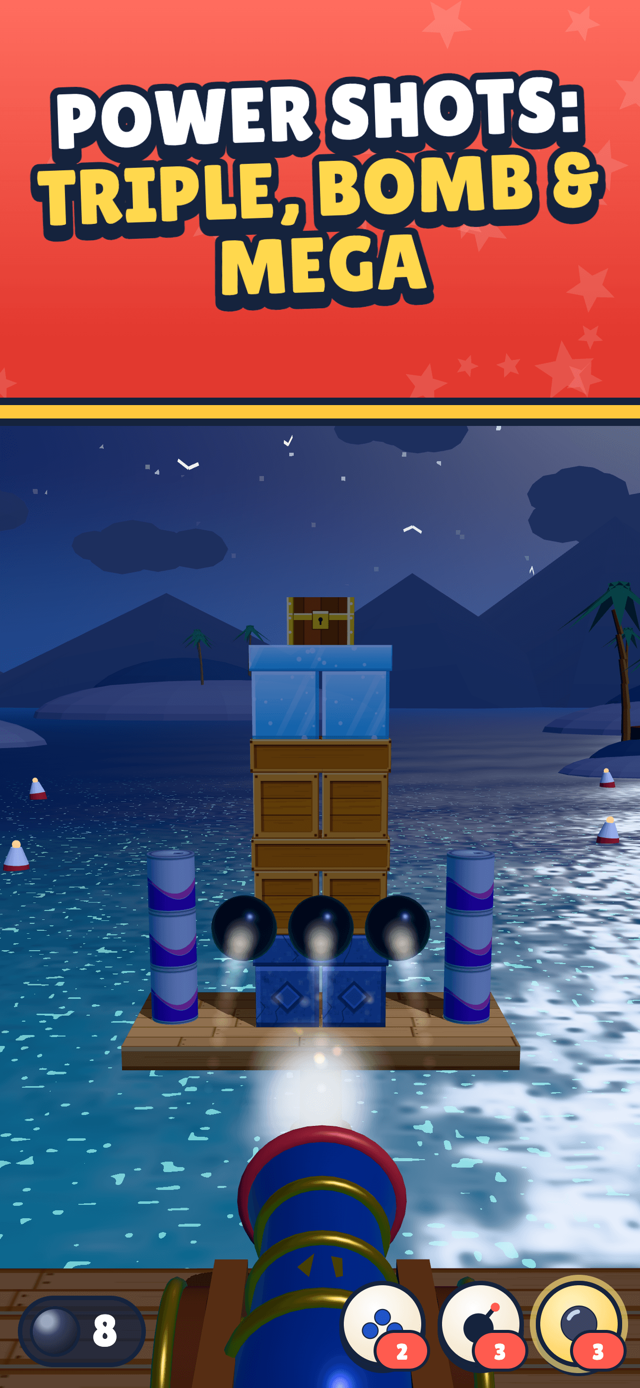 A moonlit level with ice, crates, and a Triple Shot.