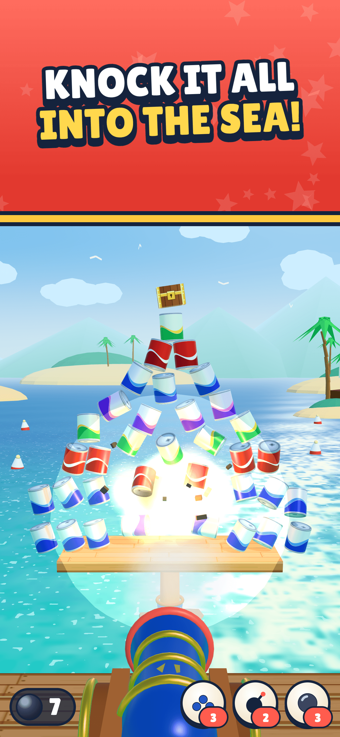 A cannon blasts a colorful pyramid of cans into the tropical sea.